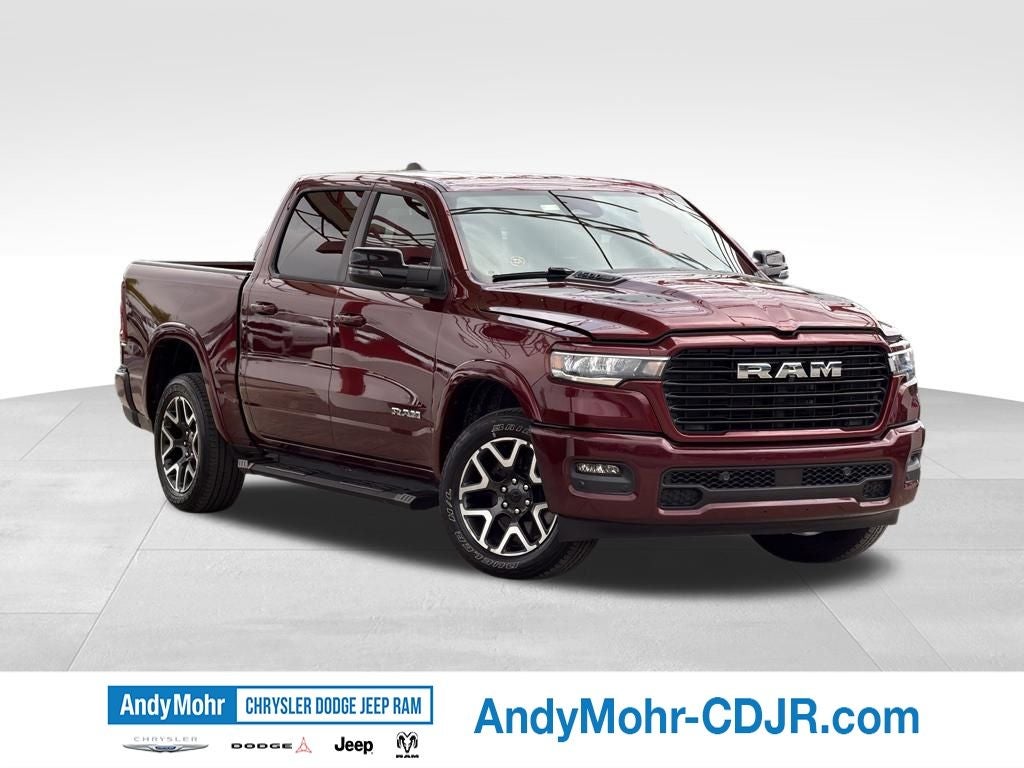 2025 RAM 1500 Laramie in Delmonico Red Pearlcoat — front three-quarter view