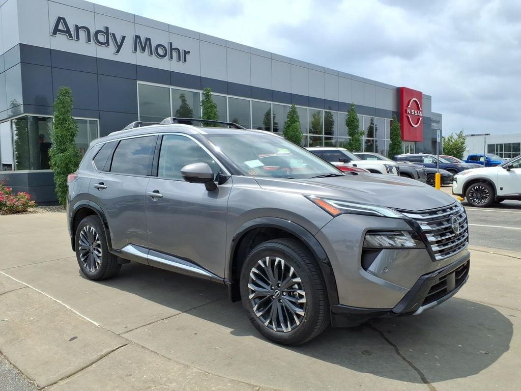 2026 Nissan Rogue Platinum in Gun Metallic — front three-quarter view