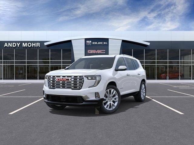 2026 GMC Acadia Denali in Summit White — front three-quarter view